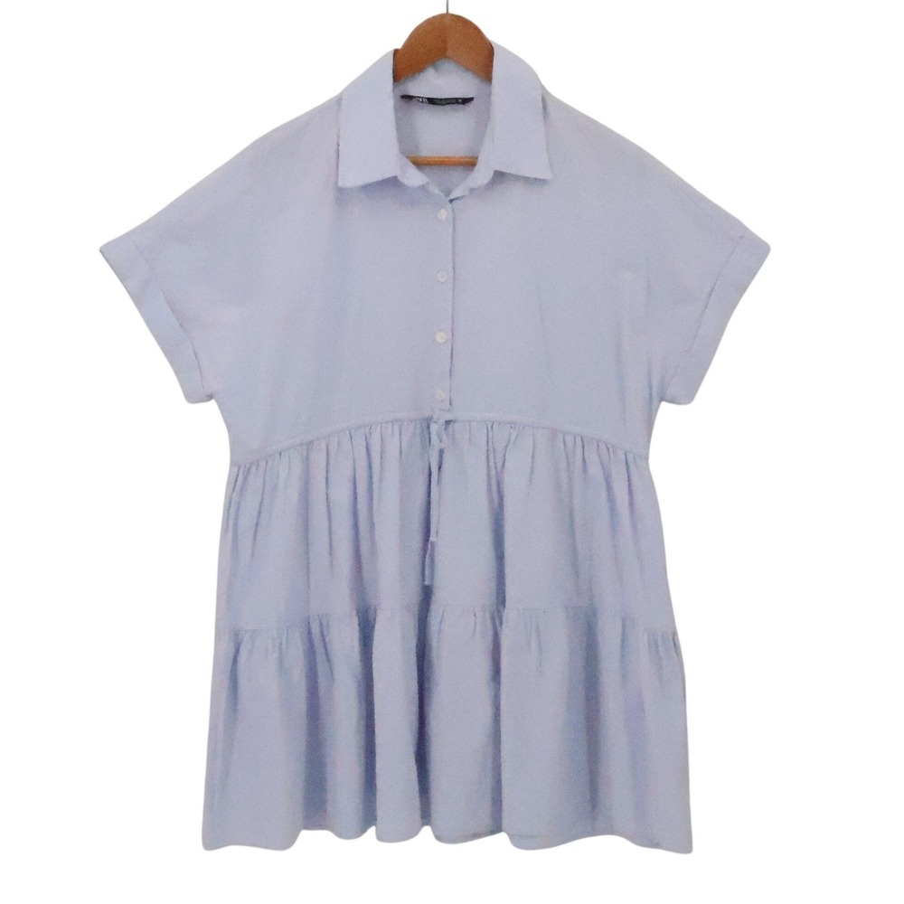 Zara Tiered Shirt Dress Womens Size S Blue Cotton Minimalist Coastal Oversized